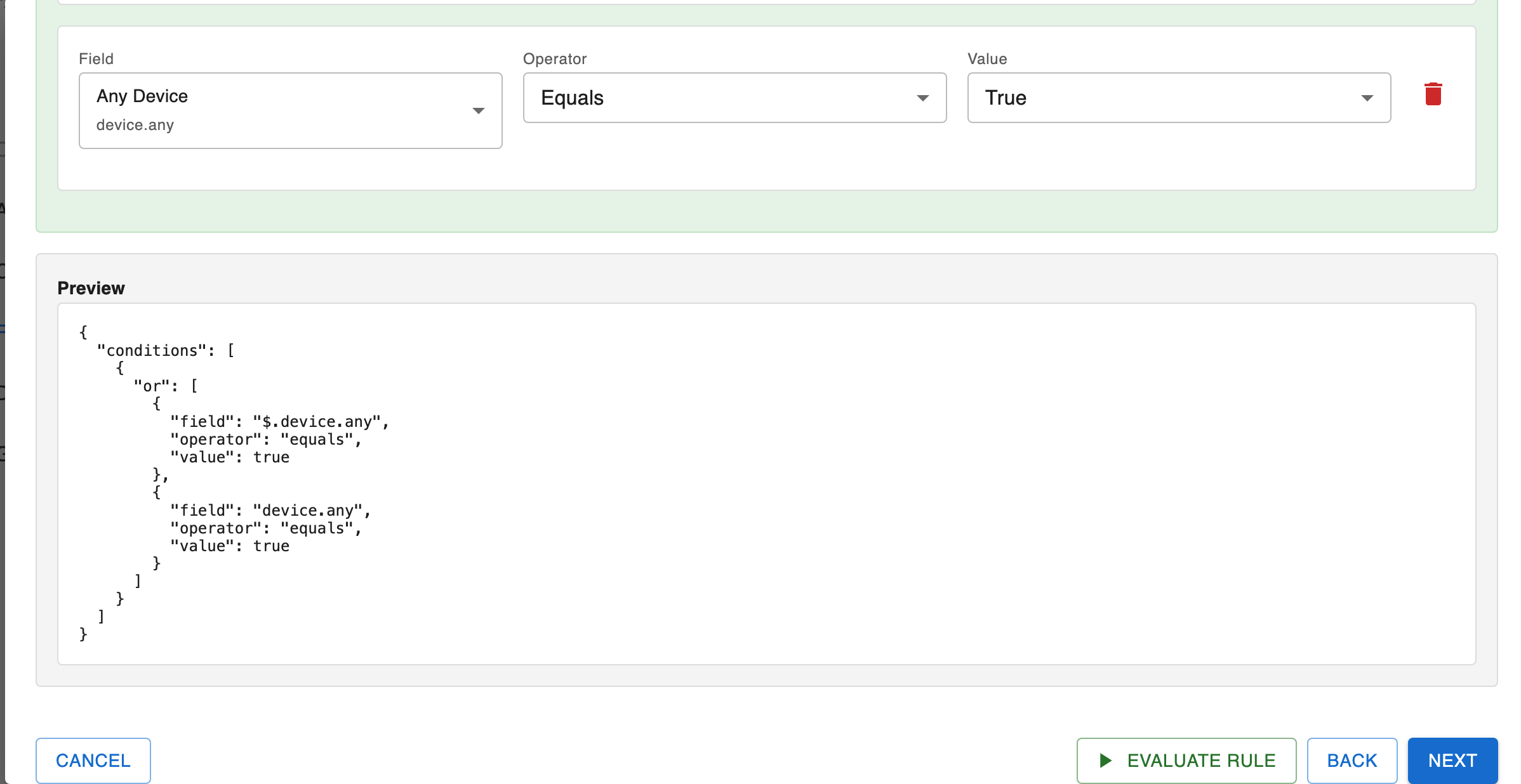 Rule builder showing a condition and the Evaluate Rule button
