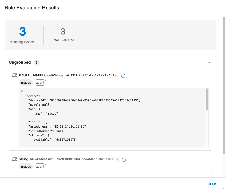 Rule Evaluation Results with device context JSON expanded