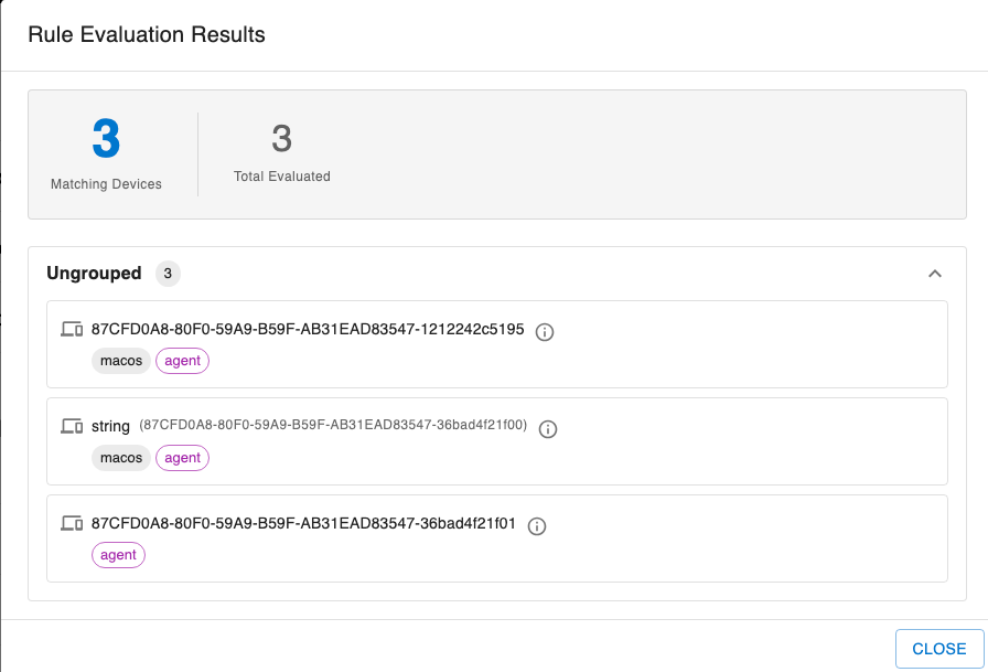 Rule Evaluation Results dialog showing matching devices