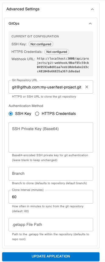 GitOps settings panel — configured state with current git configuration