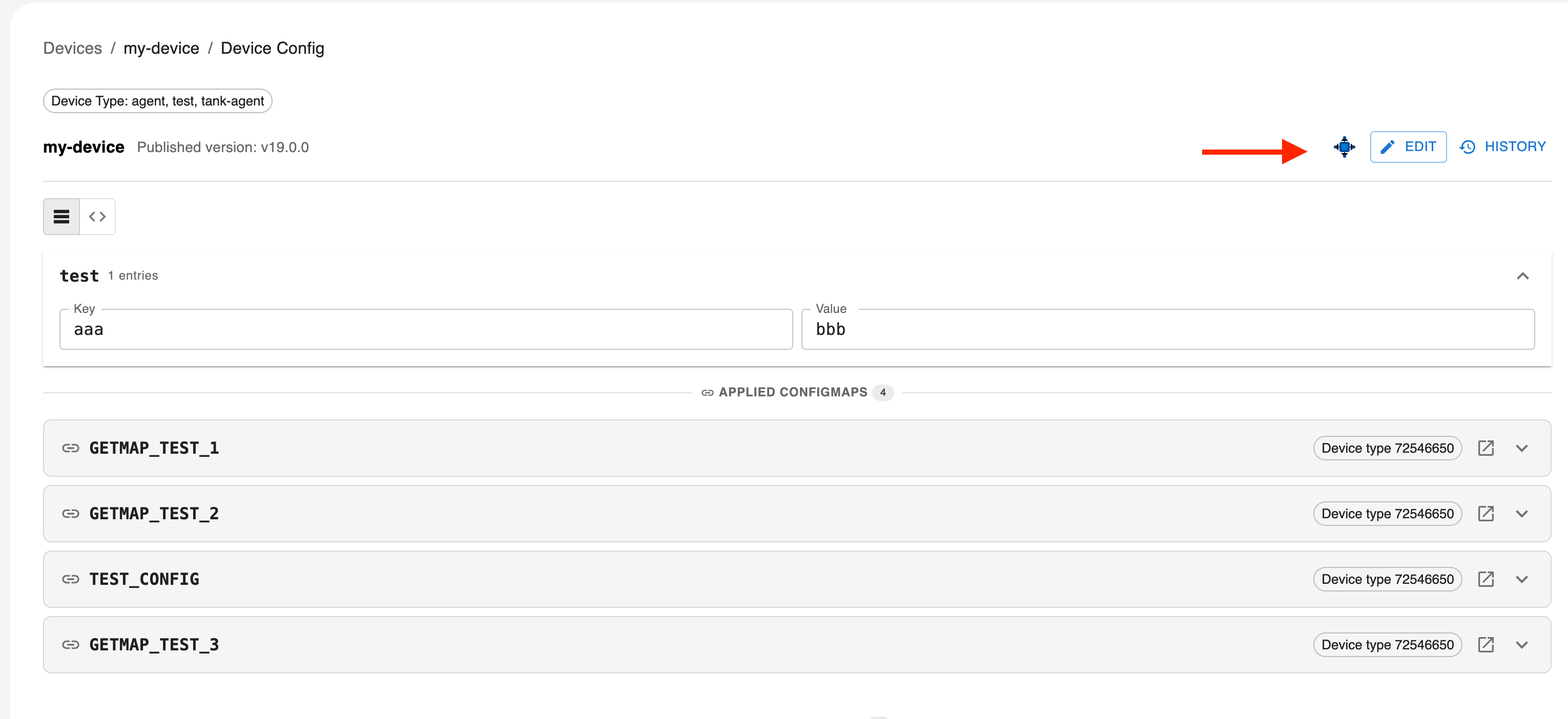 Screenshot: Distribute config button in device control bar