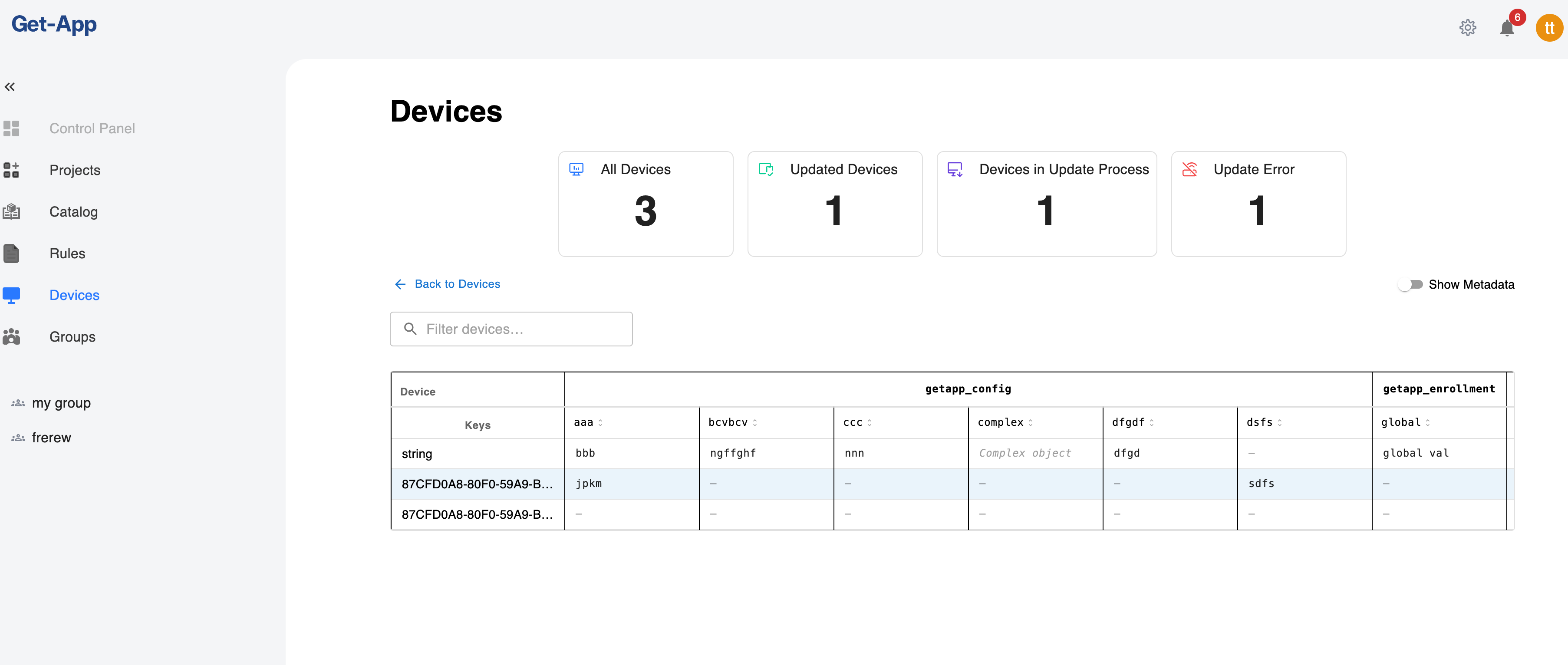 Screenshot: Config table view with multi-device editing