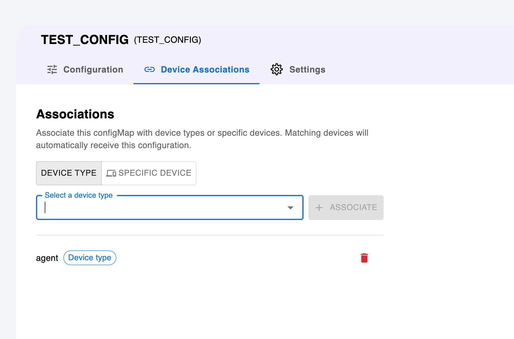Screenshot: ConfigMap associations management