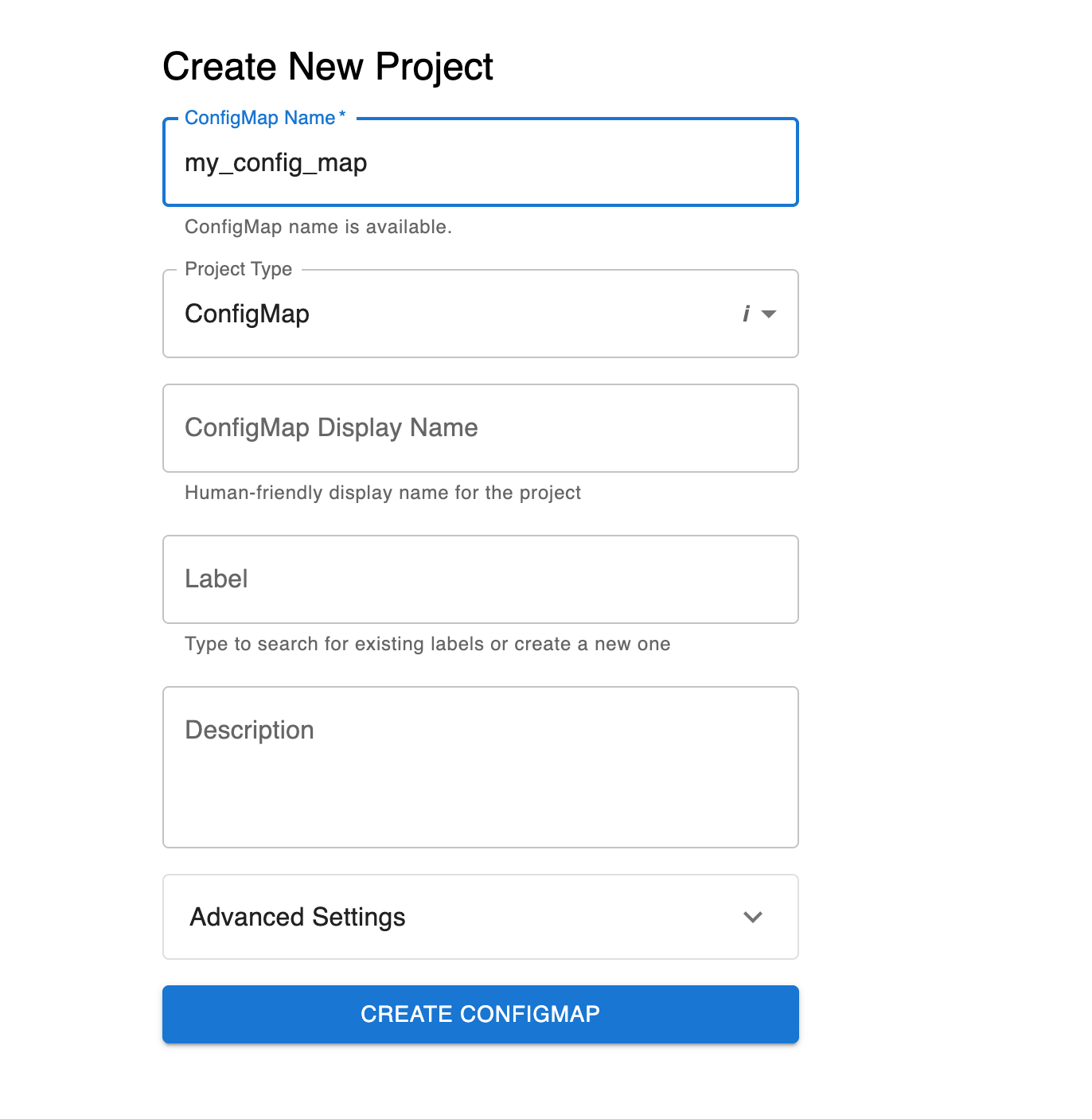 Screenshot: Creating a ConfigMap project