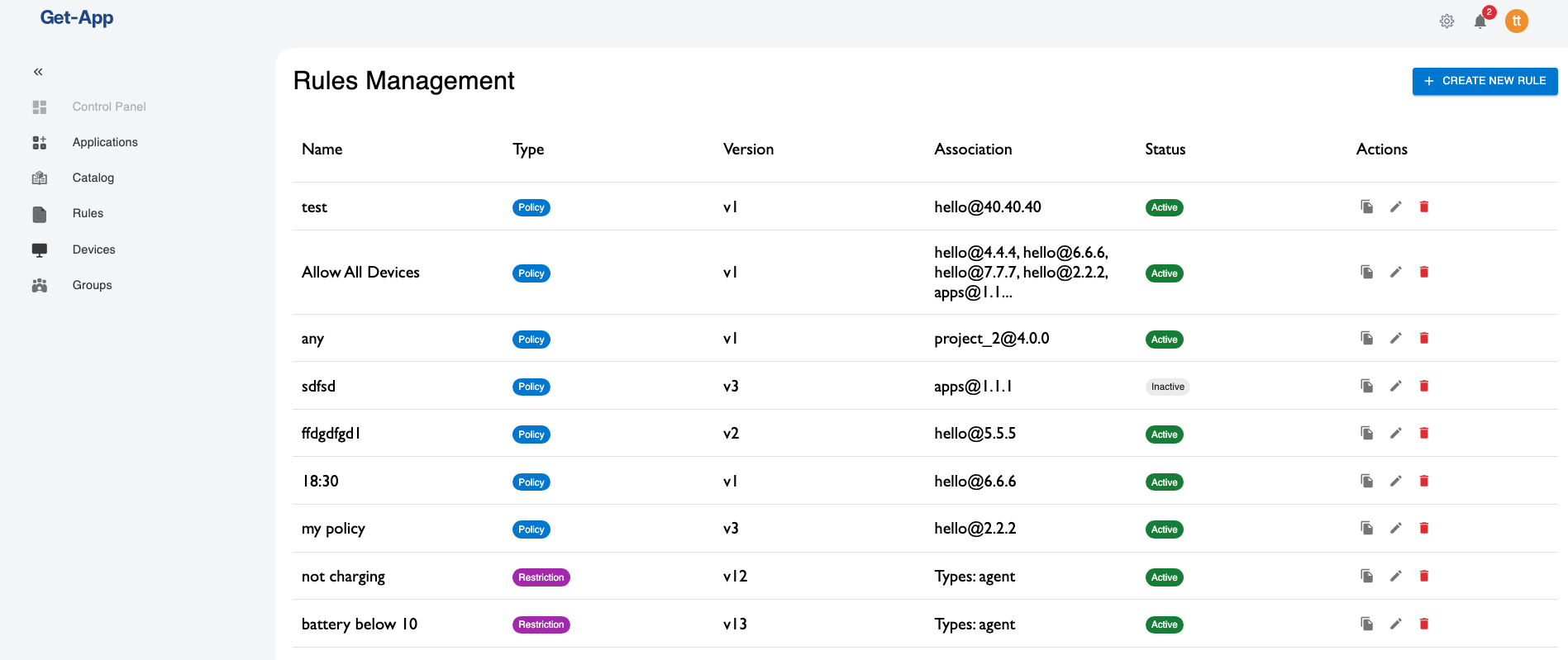 Navigation to Rules page showing both policies and restrictions