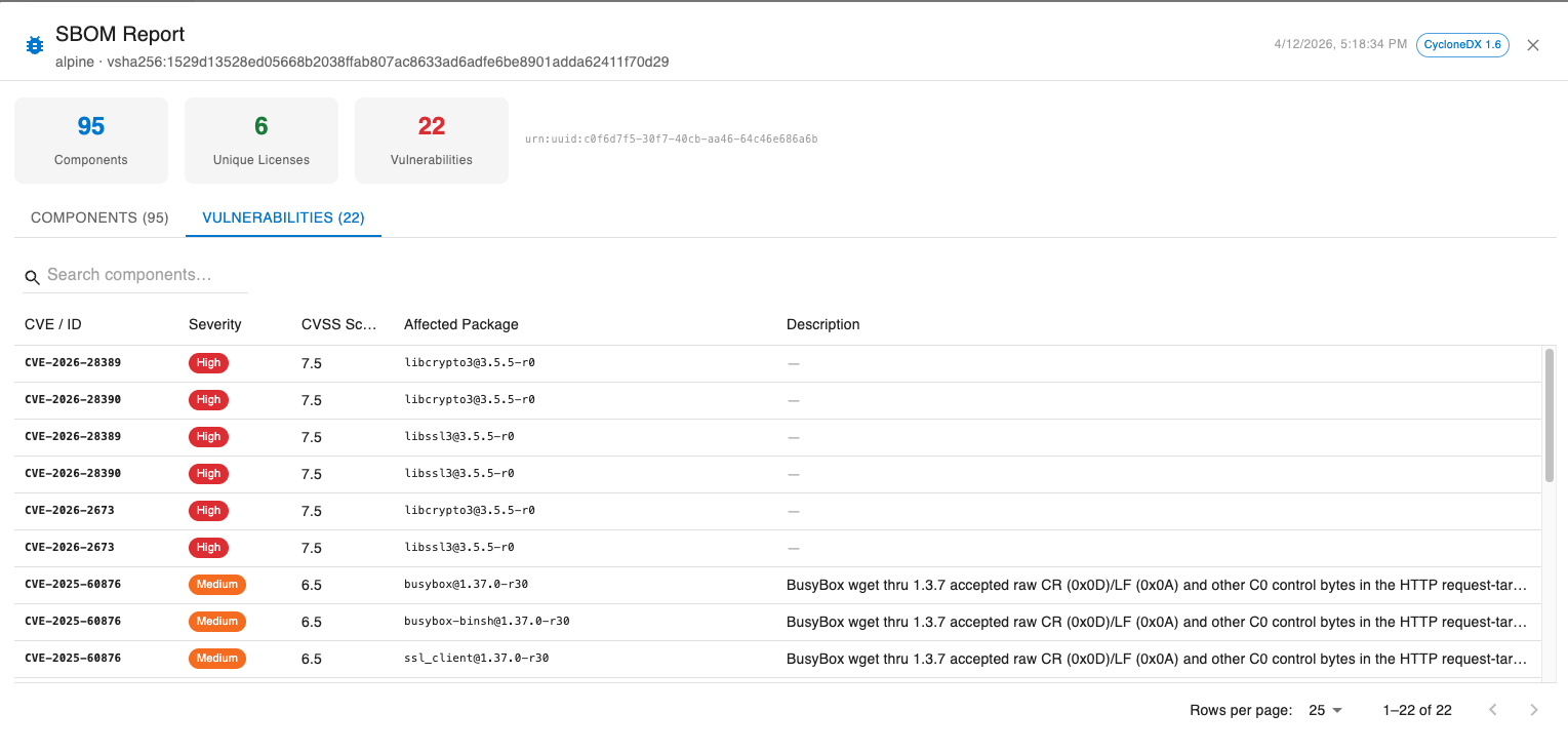 SBOM report dialog showing the Vulnerabilities tab