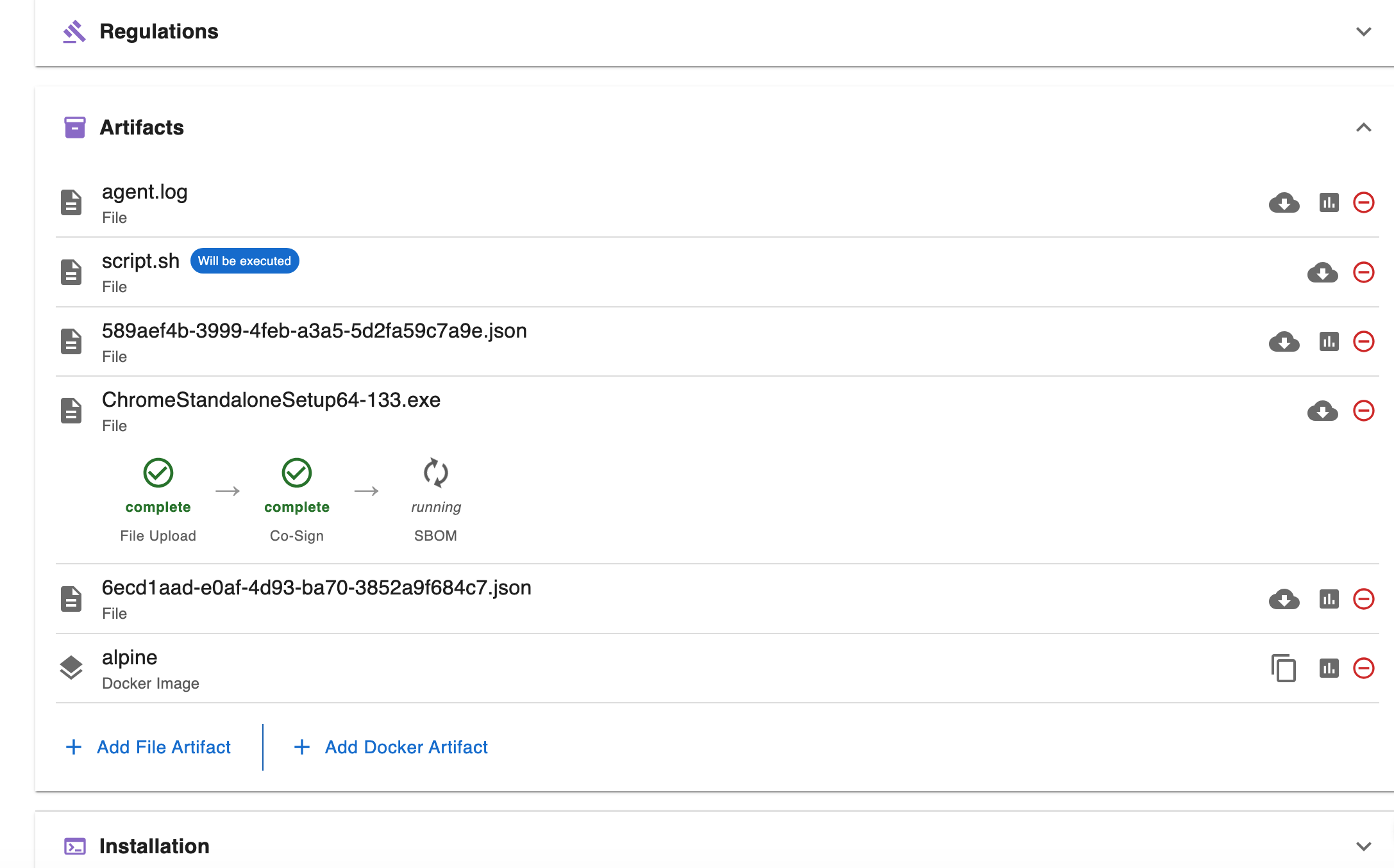 Artifact pipeline with SBOM step in running state