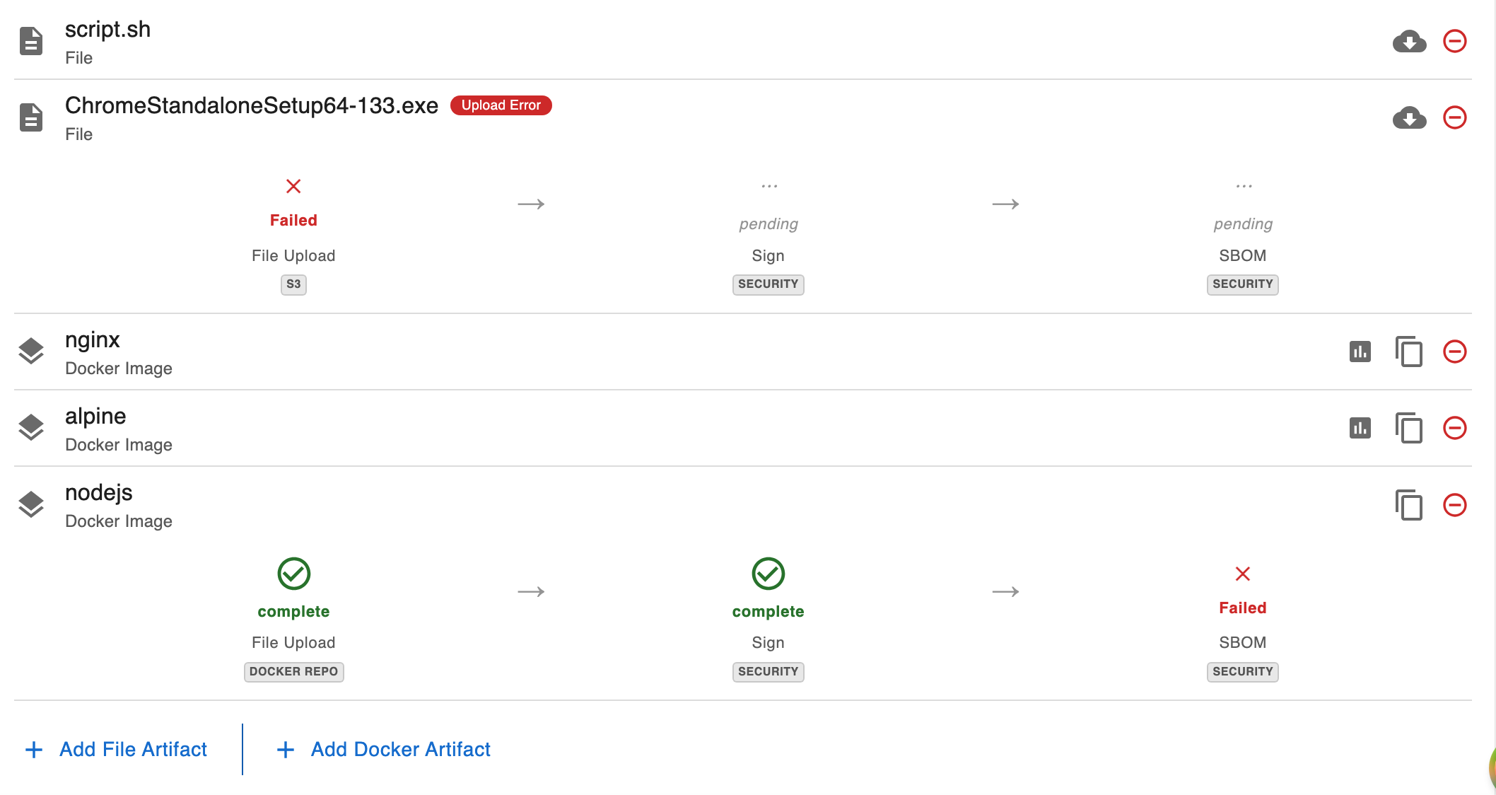 Artifact pipeline with SBOM step in failed state and Retry button