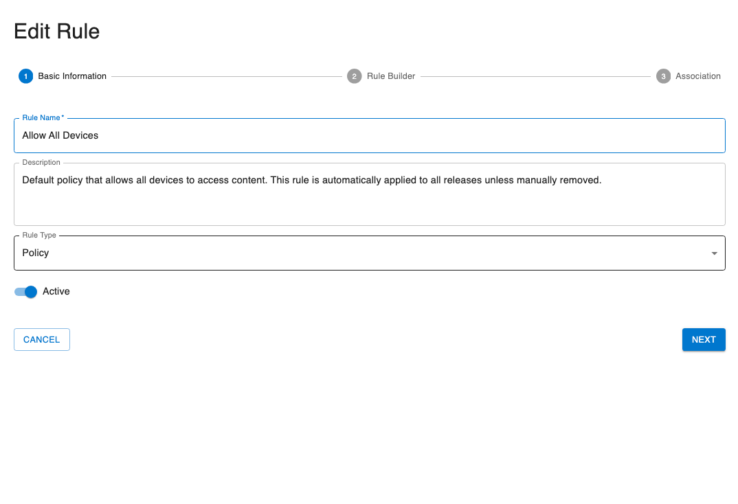 Step 1 - Basic information with name, description, type, and status fields