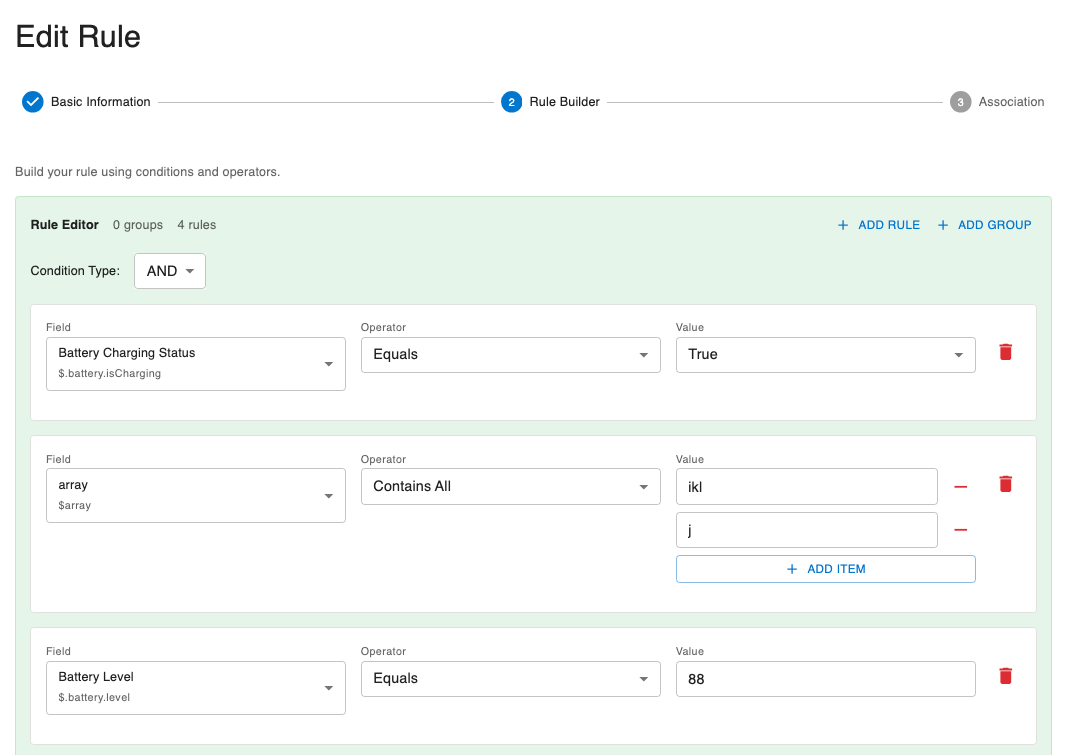 Step 2 - Visual rule builder with JSON preview showing rule construction