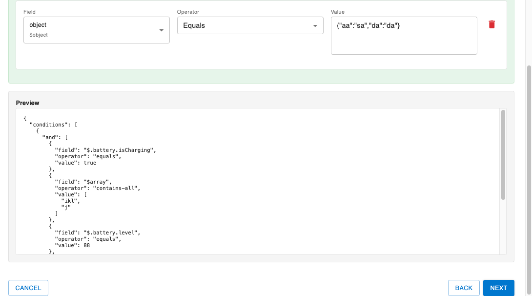 Step 2 - Visual rule builder with JSON preview showing rule construction
