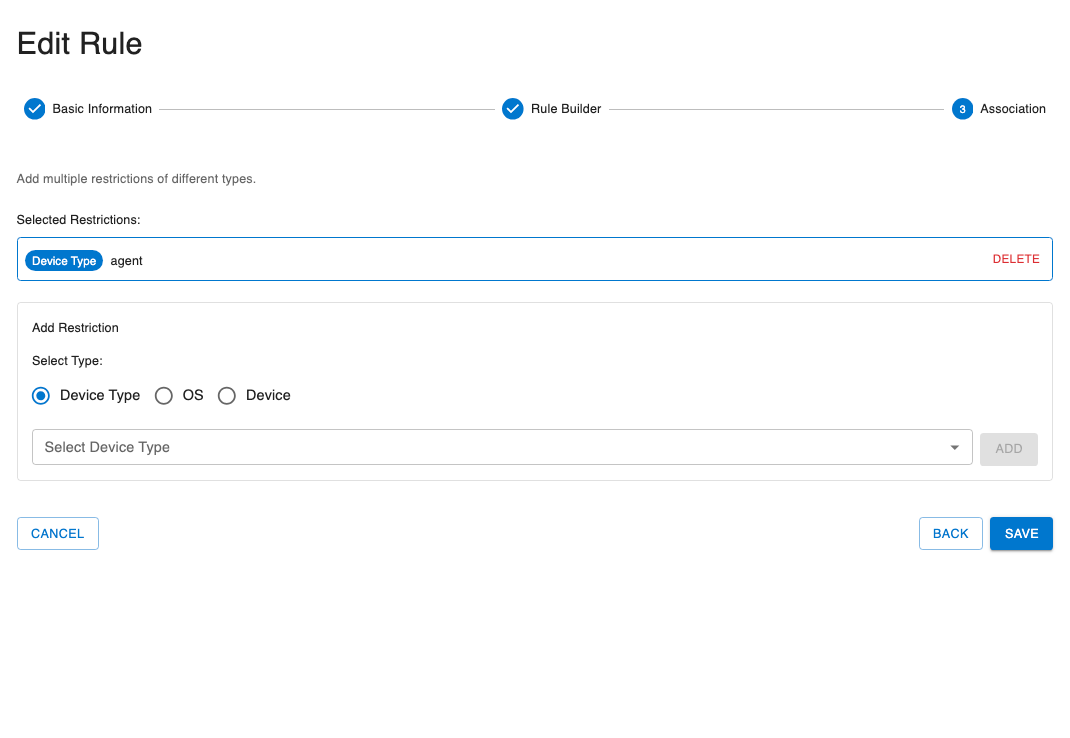Step 3 - Association interface showing devices, device types, and OS types options for restrictions