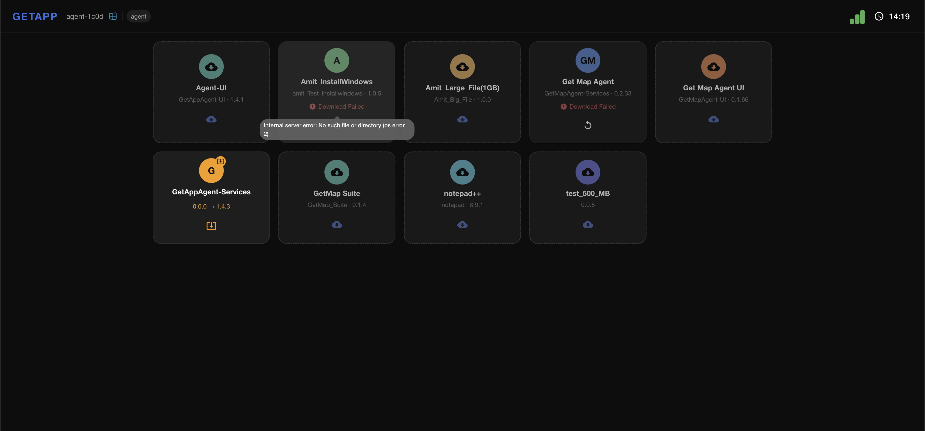 Agent AppStore — Download Failed card showing the error tooltip