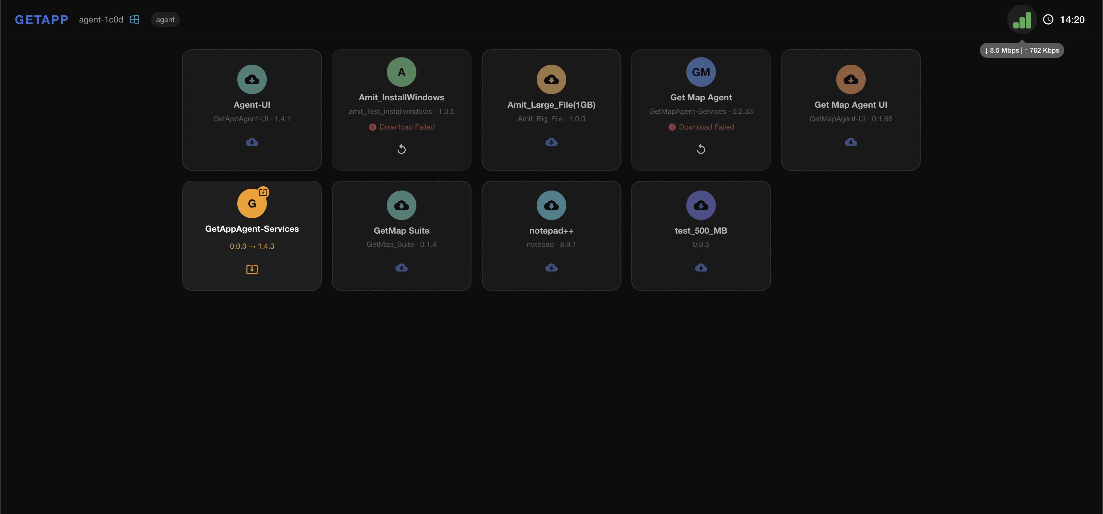 Agent AppStore — network speed indicator in the top bar