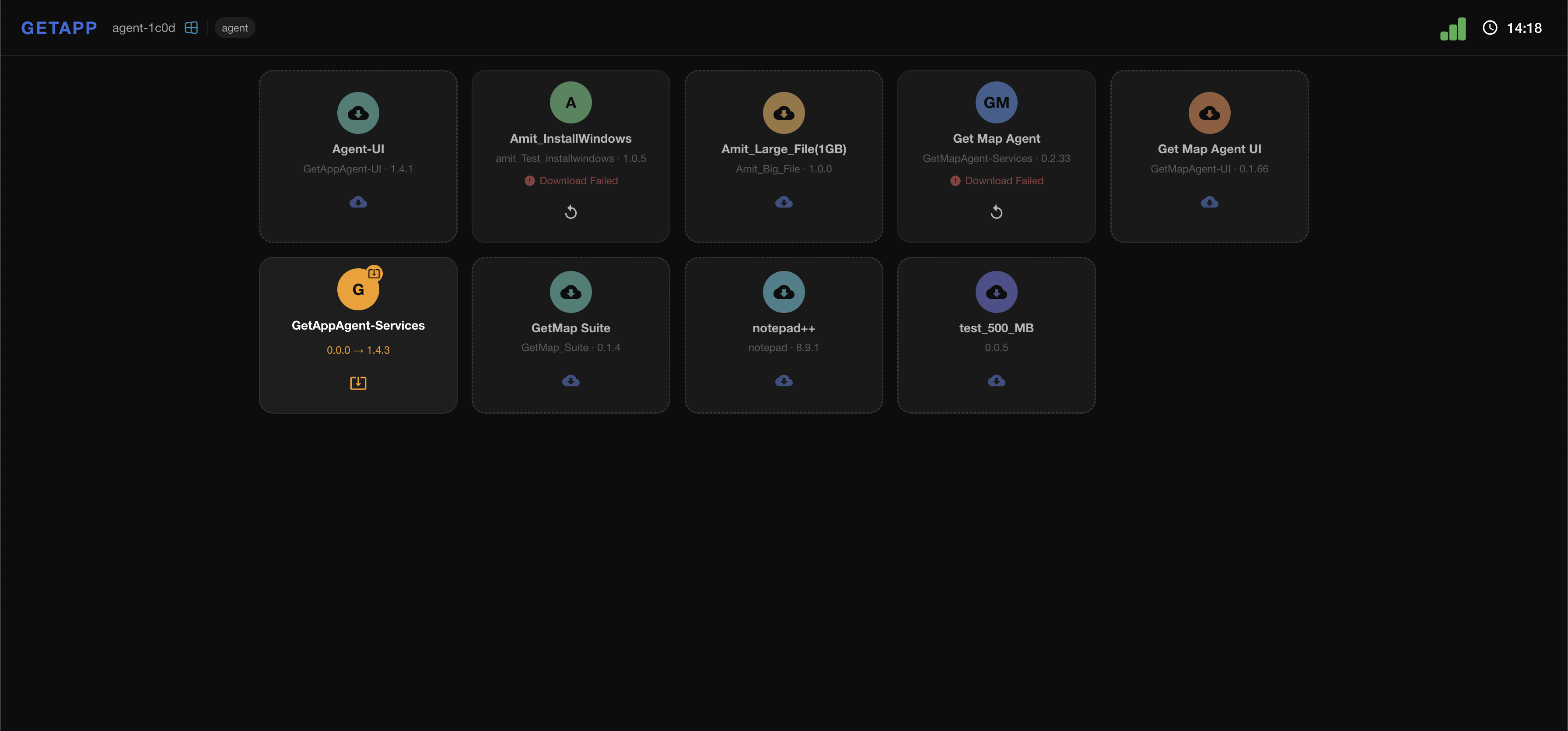 Agent AppStore — application grid with download and retry controls